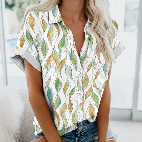 Gaecuw Hawaiian Shirts for Women Tops Blouses Short Sleeve T Shirts Regular Fit Pullover Tees T-Shirts Floral Print Tops V Neck Blouses Casual T Shirts Button Up Button Down Pullover Summer Tees Tops