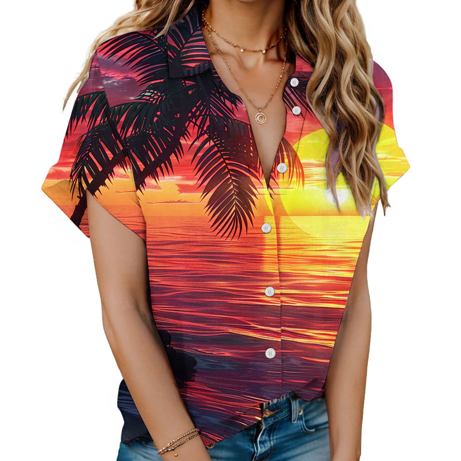 Gaecuw Hawaiian T Shirts for Women Short Sleeve Shirts Button down Tops ...