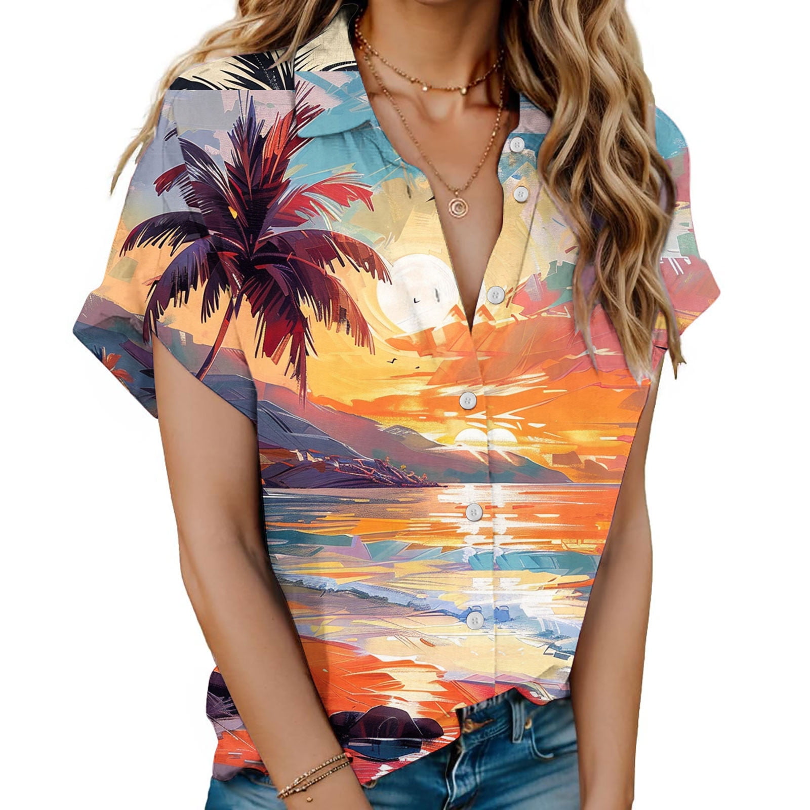 Gaecuw Hawaiian Tee Shirts for Women Short Sleeve Tops Button down ...