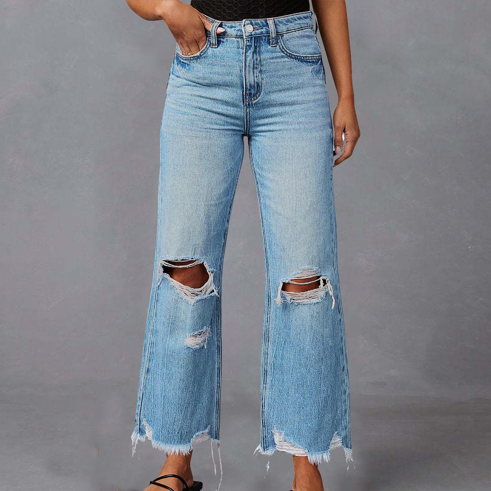 Gaecuw High Rise Jeans for Women Straight Leg Pull On Ripped Jeans ...