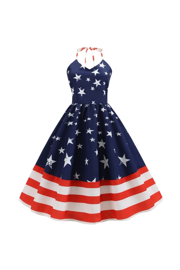 Independence Day Shift Dresses American Flag Clothing Vintage Sleeveless Halter Neck Flag Evening Party Prom Dress Independence Day Dresses Red White Blue Clothing Fourth of July Outfits Blue M