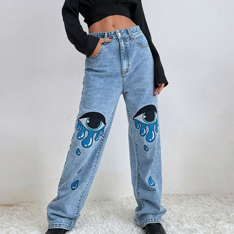 2023 Fashion Womens Denim High Waist Pants Jeans Wide Leg Straight Pants  Trouser
