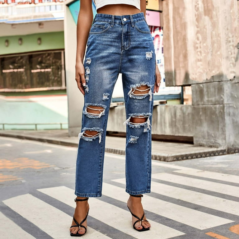 Gaecuw Jeans for Women 2023 Regular Fit Long Pants Button Up Zipper Lounge  Trousers Ripped Pants Loose Baggy Jeans Mid Waisted Denim Summer Pants with  Pockets Straight Leg Solid Denim Pants 
