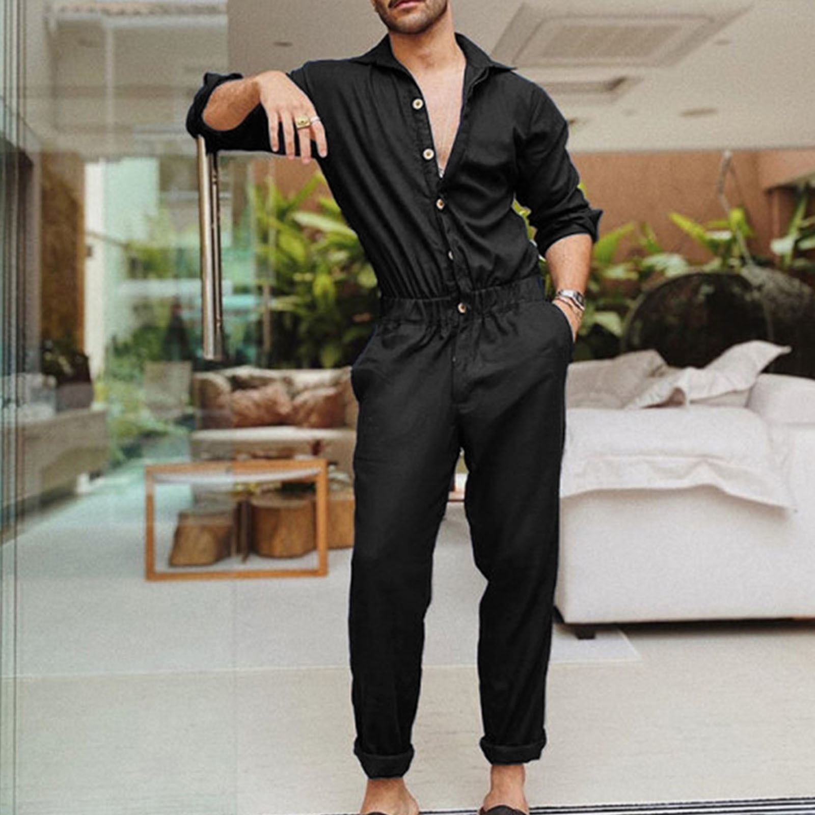 Gaecuw Jumpsuit for Men 2023 Long Sleeve Overall with Pockets V Neck Band  Collar Solid Onesie Button Front One Piece Outfits Casual Loose Baggy Long  Pants Wide Leg Summer Romper Ankle Length