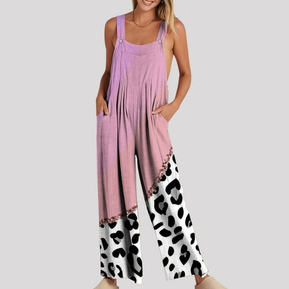 Gaecuw Jumpsuit for Women 2023 Sleeveless Cold Shoulder Overall with Pockets Square Neck Band Collar Leopard Print Onesie One Piece Outfits Casual Loose Long Pants Wide Leg Summer Romper Ankle Length