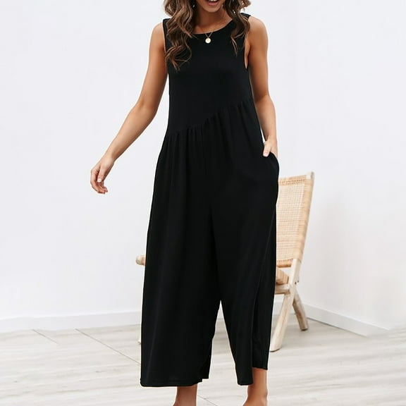Gaecuw Jumpsuit for Women 2023 Sleeveless Cold Shoulder Overall Square Neck Band Collar Solid Onesie One Piece Outfits Loose Baggy Long Pants High Waisted Wide Leg Summer Romper Calf Length Trousers