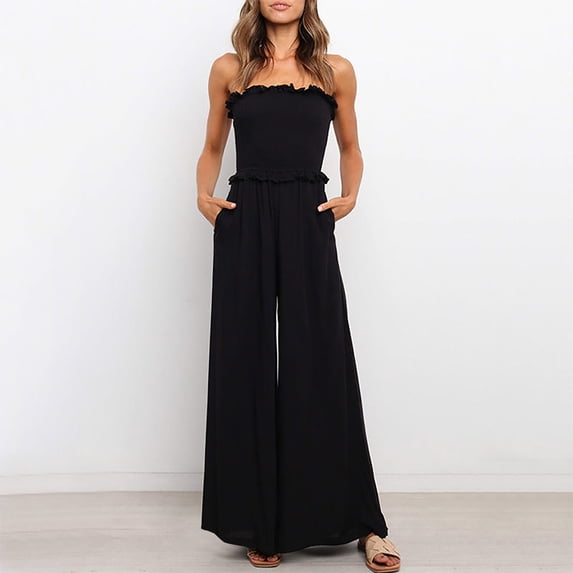 Gaecuw Jumpsuit for Women 2023 Sleeveless Off the Shoulder Strapless Overall Band Collar Solid Onesie Frill One Piece Outfits Casual Loose Long Pants High Waisted Wide Leg Summer Romper Ankle Length