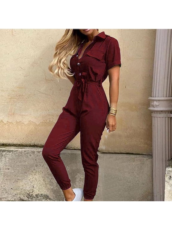 Jumpsuits for Women Casual Rompers for Women Short Sleeve Overall V Neck Band Collar Solid Onesie One Piece Outfits with Belt Casual Seamless Long Pants Summer Romper Ankle Length Trousers