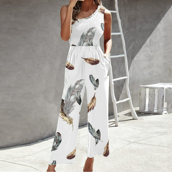 Gaecuw Jumpsuits for Women Casual Sleeveless Cold Shoulder One Shoulder Overall with Pockets Square Neck Band Collar Feather Onesie Frill One Piece Outfits Casual High Waisted Wide Leg Calf Length