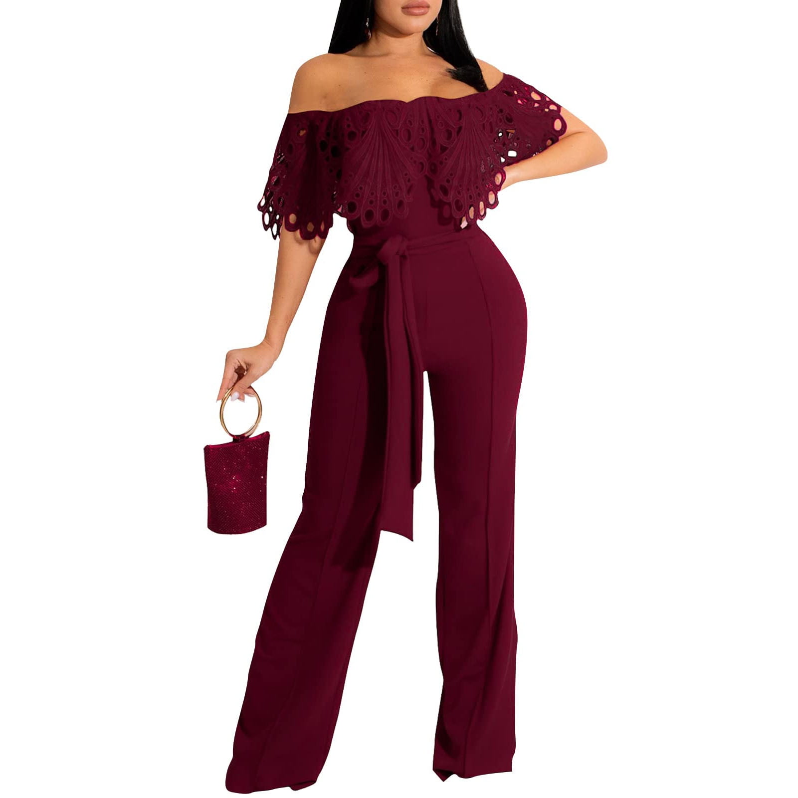 Gaecuw Jumpsuits for Women Dressy Short Sleeve Off the Shoulder Strapless  Overall Band Collar Solid Onesie Lace Strappy Hollow Cutout Ruffle Peplum