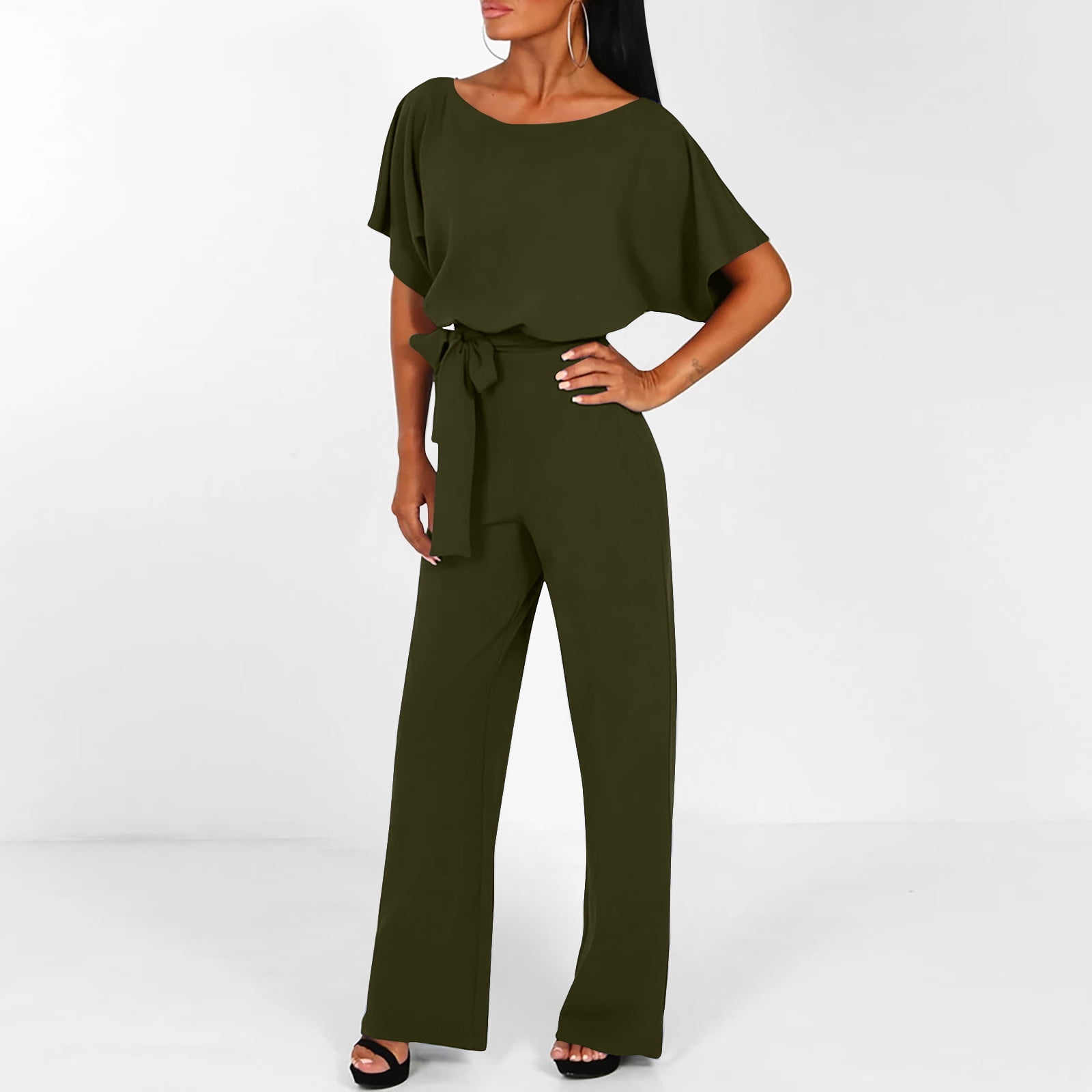 Gaecuw Jumpsuits for Women Dressy Short Sleeve Overall Square Neck Band  Collar Solid Onesie Strappy One Piece Outfits Casual Adjustable Loose Baggy  Long Pants Wide Leg Linen Summer Romper Ankle Length 