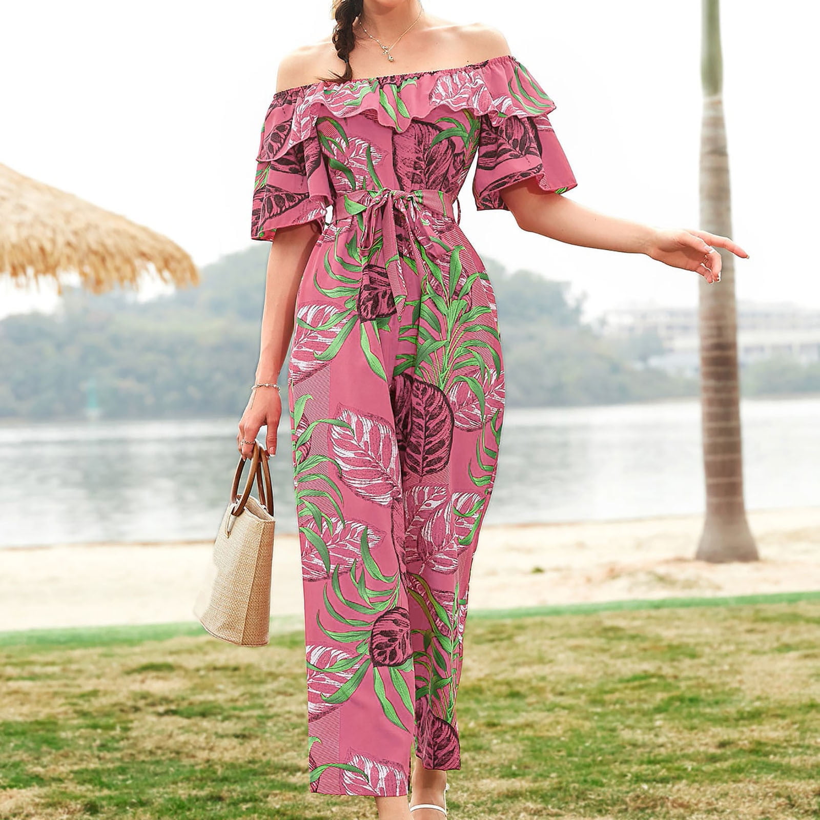 Gaecuw Sexy Floral Printed Off the Shoulder Jumpsuits for