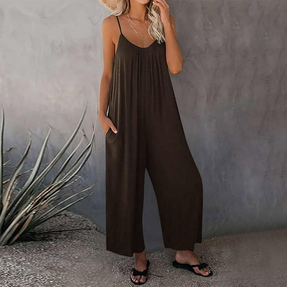 Gaecuw Jumpsuits for Women Dressy Sleeveless Cold Shoulder Overall with Pockets Square Neck Band Collar Solid Onesie One Piece Outfits Casual Loose Baggy Long Pants Wide Leg Summer Romper Calf Length