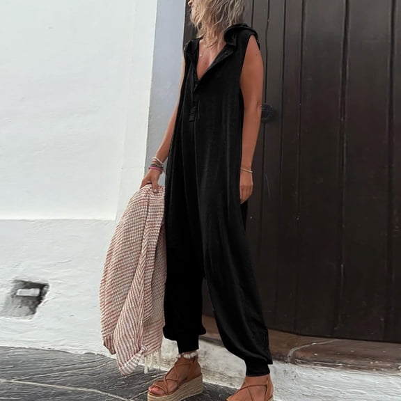 Gaecuw Jumpsuits for Women Dressy Sleeveless Cold Shoulder Overall V Neck Band Collar Solid Onesie One Piece Outfits Casual Loose Baggy Long Pants Wide Leg Summer Romper Pull On Calf Length Trousers