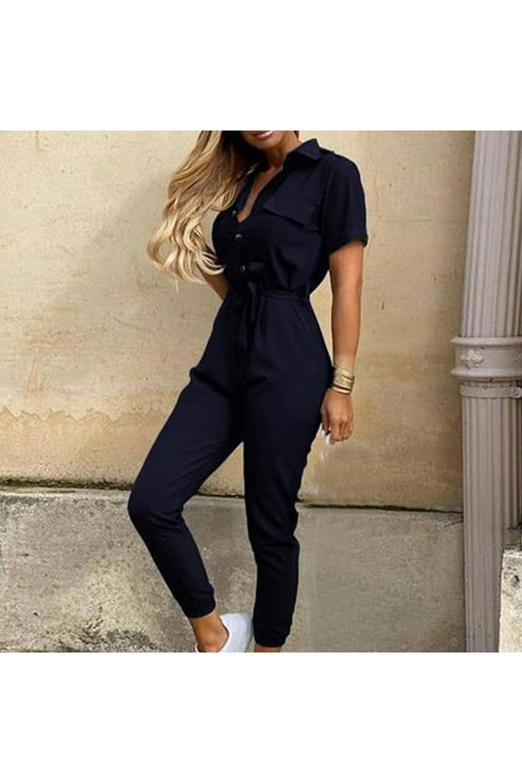 Jumpsuits for Women Dressy Wedding Rompers for Women Casual Short Sleeve Overall V Neck Band Collar Solid Onesie One Piece Outfits with Belt Casual Seamless Long Pants Summer Romper