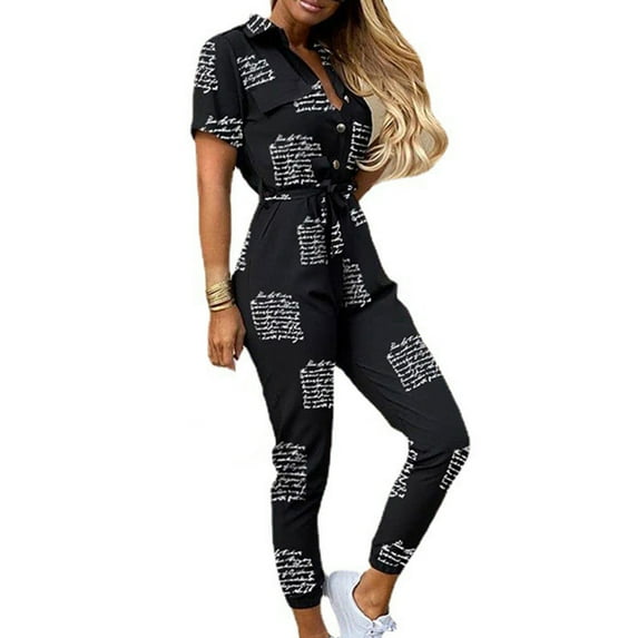 Gaecuw Jumpsuits for Women Dressy Womens Rompers Short Sleeve Overall V Neck Band Collar Solid Onesie One Piece Outfits with Belt Casual Seamless Long Pants Summer Romper Ankle Length Trousers
