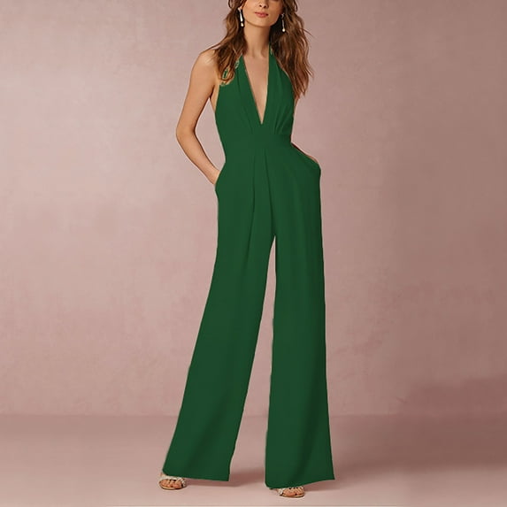 Gaecuw Jumpsuits for Women Sleeveless Cold Shoulder Overall with Pockets Halter Neck Band Collar Solid Onesie One Piece Outfits Loose Baggy Long Pants Wide Leg Summer Romper Ankle Length Trousers