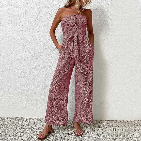 Gaecuw Jumpsuits for Women Sleeveless Off the Shoulder Strapless Overall with Pockets Band Collar Solid Onesie One Piece Outfits Casual Loose Baggy Long Pants Wide Leg Summer Romper Ankle Length