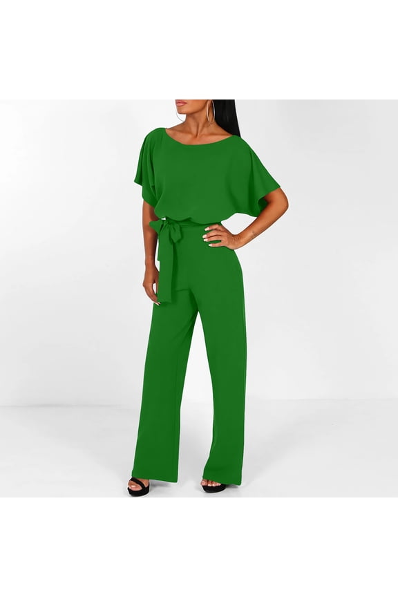 Jumpsuits for Women Summer Dressy Short Sleeve Overall Square Neck Band Collar Solid Onesie Strappy One Piece Outfits Casual Adjustable Long Pants Wide Leg Linen Summer Romper Ankle Length