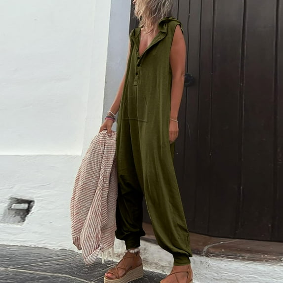 Gaecuw Jumpsuits for Women Summer Dressy Sleeveless Cold Shoulder Overall V Neck Band Collar Solid Onesie One Piece Outfits Casual Loose Baggy Long Pants Wide Leg Summer Romper Calf Length Trousers