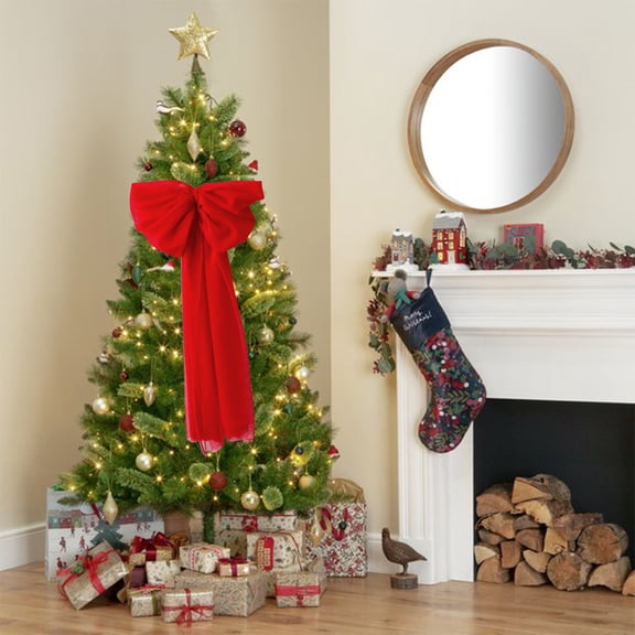 Gaecuw Large Red Snow Velvet Bow with Pleats, Christmas Tree Hanging Decoration for Xmas Window and Wall, 30x14 Inch.
