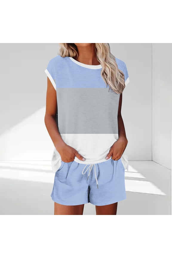 Leggings Sets Women 2 Piece Outfits Short Sets Summer with Pocket Drawstring Striped Loungewear Sleeveless Crewneck Tops Pajamas Pants Vacation Beach Resort Tracksuits Blue L
