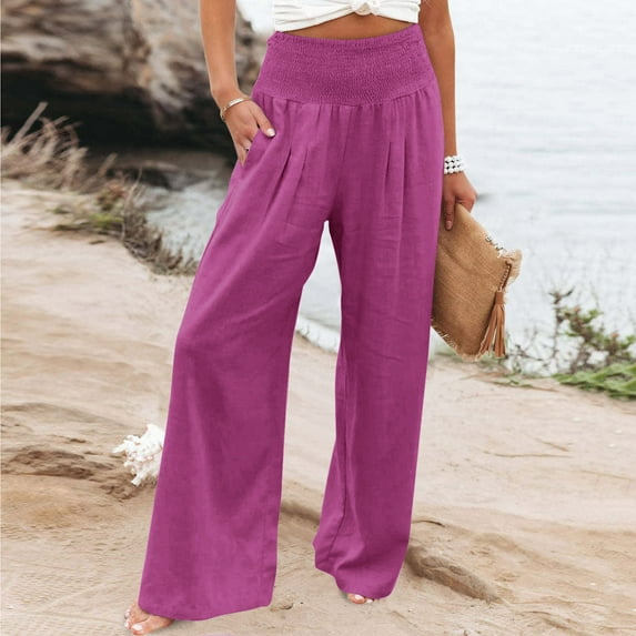 Gaecuw Linen Pants for Women Casual Summer Palazzo Pants Relaxed Fit Long Pants Lounge Trousers Sweatpants Casual Loose Baggy Pants Mid Waisted Linen Ankle Length Workout Pants with Pockets Solid