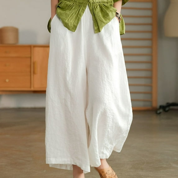 Gaecuw Linen Pants Women Summer Palazzo Pants Plus Size Relaxed Fit Long Pants Lounge Trousers Sweatpants Casual Loose Baggy Pants High Waisted Workout Pants with Pockets Straight Leg Solid