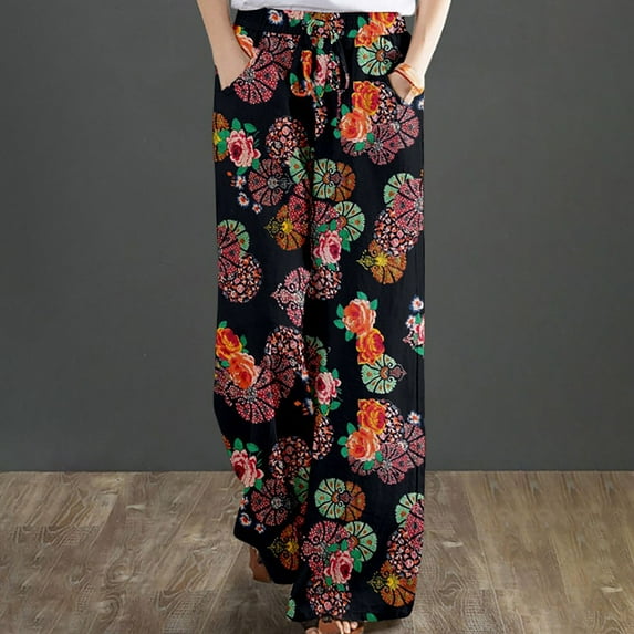 Gaecuw Linen Pants Women Summer Palazzo Pants Regular Fit Long Pants Lounge Trousers Sweatpants Casual Loose Baggy Pants Mid Waisted Linen Summer Ankle Length Workout Pants with Pockets Floral Pants
