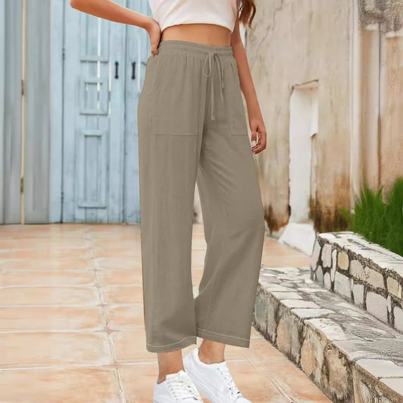 Cavosen Womens Linen Pants with Pockets Summer Palazzo Pants Plus Size Long Pants Drawstring Lounge Trousers Sweatpants Loose Vintage Pants High Waisted Workout Pants Straight Leg Pants