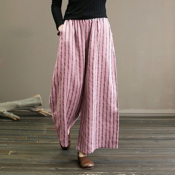 Gaecuw Linen Pants for Women Summer Wide Legged Pants Plus Size Long Pants Drawstring Lounge Trousers Sweatpants Loose Vintage Pants High Waisted Workout Pants with Pockets Straight Leg Striped Pants
