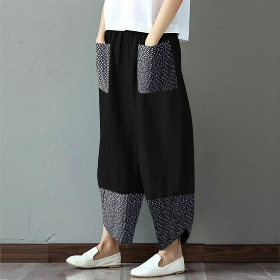 Gaecuw Linen Pants for Women Summer Wide Legged Pants Plus Size Relaxed Fit Long Pants Lounge Trousers Sweatpants Casual Loose Baggy Pants Mid Waisted Ankle Length Workout Pants Color Block Pants