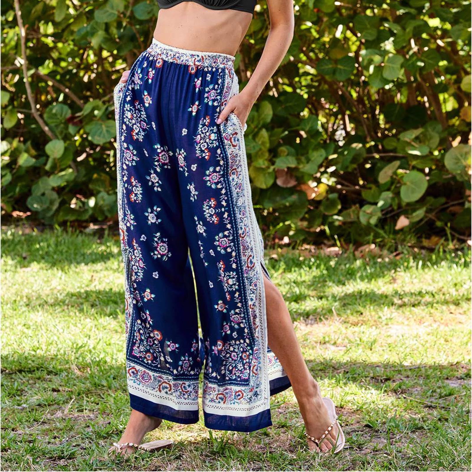 Buy ECOWISH Wide Leg Pants for Women Summer 2023 Palazzo Tropical Floral  Casual High Waist Flared Trousers with Pockets Online at desertcartINDIA