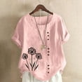 thumbnail image 1 of Cavosen Womens Blouses Short Sleeve Plus Size Artificial Cotton Linen Dandelion Print Button Summer Tops Round Neck Comfy Loose Fit Shirts Lightweight Vacation Tees Pink 3XL, 1 of 4