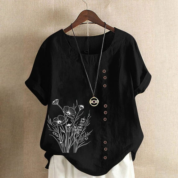 Cavosen Women's Tops Short Sleeve Tops Artificial Cotton Linen Floral Print Button Summer Tees Round Neck Comfy Casual Dressy Pullover Shirts Lightweight Beach Blouse Black XL