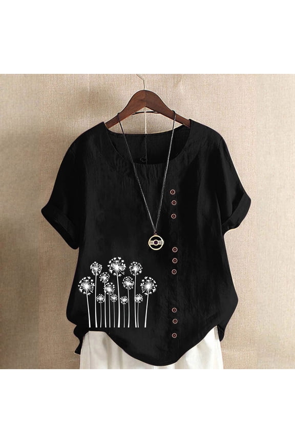 Gaecuw Linen Shirts for Women Summer Blouses Short Sleeve T Shirts Regular Fit Pullover Tees T-Shirts Graphic Print Tops Crew Neck Blouses Casual T Shirts Button Up Button Down Pullover Summer Tees