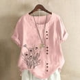 thumbnail image 1 of Cavosen Cute Tops for Women Short Sleeve Artificial Cotton Linen Floral Print Button Summer Shirts Round Neck Comfy Loose Fit Pullover Tees Lightweight Beach Blouse Pink 2XL, 1 of 4
