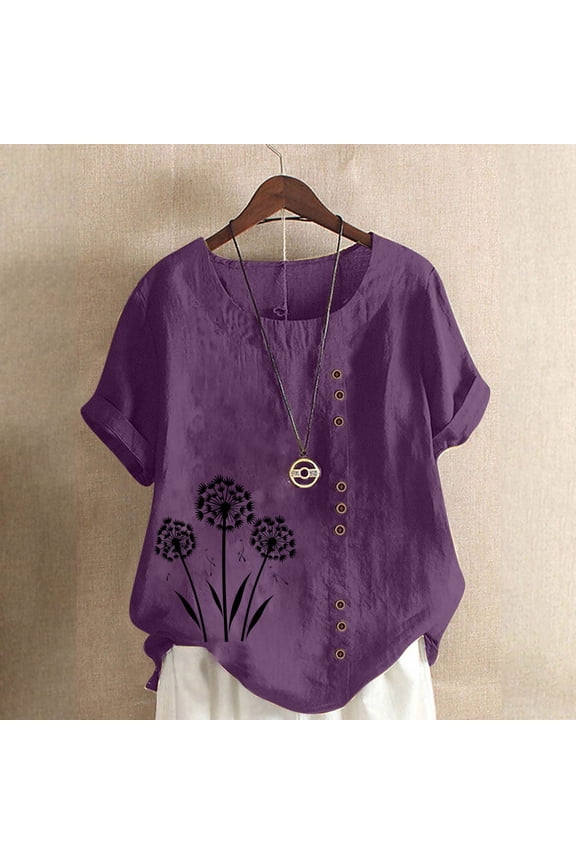 Gaecuw Linen Shirts for Women Summer Blouses Short Sleeve T Shirts Regular Fit Pullover Tees T-Shirts Graphic Print Tops Crew Neck Blouses Casual T Shirts Button Up Button Down Pullover Summer Tees