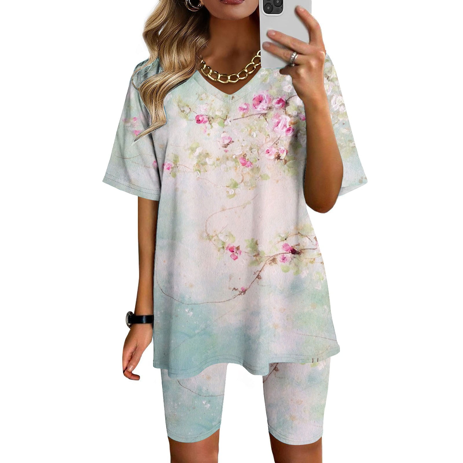 Two-Piece Set with Short-Sleeve Button-Up Shirt and Long Skirt