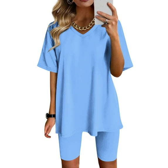Gaecuw Matching Short Sets for Women Legging Sets Short Sleeve Pullover Short Length Seamless Shorts V Neck Oversized Waist Fashion Suits Casual Summer Sets Suit Set Two Piece Set Gray XXL