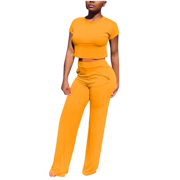 Gaecuw Matching Sweat Sets for Women Womens Two Piece Pants Set Short Sleeve Pullover Floor Length Wide Leg Athletic Pants Crew Neck Crop Yoga Outfits Lace up Gym Sets Solid Sweat Suits with Pockets
