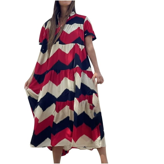 Gaecuw Maxi Sundress Women Crew Neck Short Sleeve Calf Length Swing Beach Dresses Button Trendy Dresses Polyester Going Out Dresses Casual Summer Dresses Day Dresses Cute Dresses Vacation Dresses