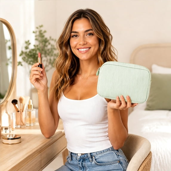 Gaecuw Mint Green Toiletry Bag, Quilted Cosmetic Travel Pouch, Soft Padded Organizer for Brushes, Portable Makeup Case for Daily Carry, Lightweight Storage