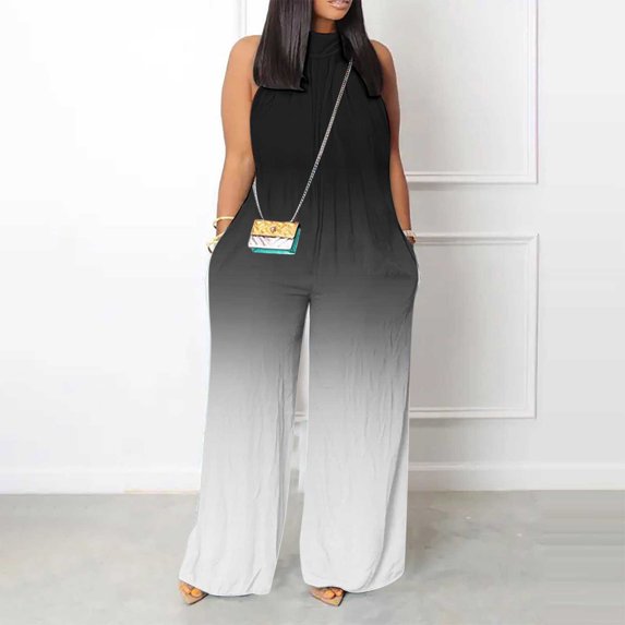 Gaecuw Overall Jumpsuit for Women Sleeveless Cold Shoulder Overall with Pockets Halter Neck Band Collar Gradient Onesie One Piece Outfits Casual Loose Long Pants Wide Leg Summer Romper Ankle Length