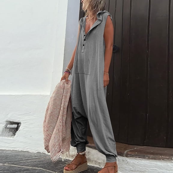 Gaecuw Overall Jumpsuit for Women Sleeveless Cold Shoulder Overall V Neck Band Collar Solid Onesie One Piece Outfits Casual Loose Baggy Long Pants Wide Leg Summer Romper Pull On Calf Length Trousers