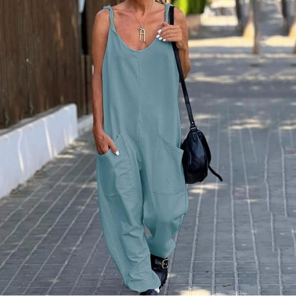 Gaecuw Overall Jumpsuit for Women Sleeveless Cold Shoulder Strapless Overall with Pockets V Neck Band Collar Solid Onesie One Piece Outfits Casual Loose Long Pants Wide Leg Summer Romper Ankle Length
