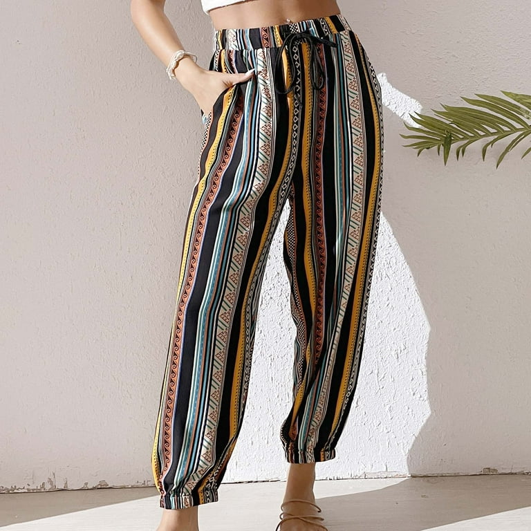 Gaecuw Palazzo Pants for Women Casual Regular Fit Long Pants Pull On Lounge  Trousers Sweatpants Casual Loose Baggy Yoga Pants Mid Waisted Summer Ankle  Length Workout Pants Striped Athletic Pants 