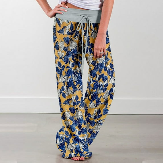 Gaecuw Palazzo Pants for Women Dressy Plus Size Regular Fit Long Pants Lounge Trousers Sweatpants Loose Baggy Yoga Pants High Waisted Summer Ankle Length Workout Pants Floral Print Athletic Pants
