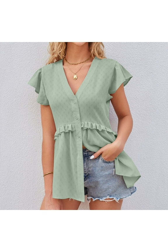 Peplum Tops for Women Tops Blouses Short Sleeve T Shirts Regular Fit Pullover Tops Petal Sleeve Tees T-Shirts Solid Tops V Neck Blouses T Shirts Hollow Lace Trim Pullover Tops Summer Tees Tops