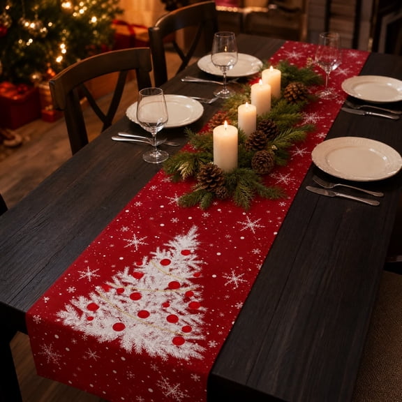 Gaecuw Red Christmas Tree Linen Table Runner, Holiday Table Flag with Snowflake Print, Natural Linen Festive Decor for Dining Table Home, 13x72IN